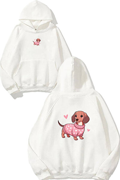 VSRN Hanorac alb supradimensionat cu glugă, imprimat cu design Sausage Dog