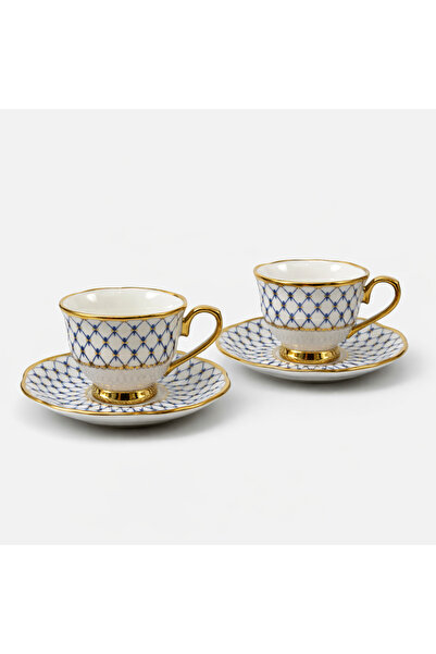 Karma Home Blue Patterned Porcelain Coffee Cup Set with Gold Detail – for 2 P...