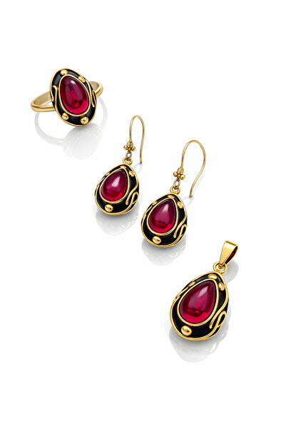 Mardinden Özel Tasarım Lal Taşlı 925 Ayar Gümüş Set Küpe Kolye Yüzük Kadın Ta...