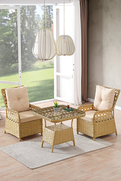 Evdemo Duru 2 Kişilik Rattan Bahçe Balkon Mutfak Masa Takımı Cappuccino