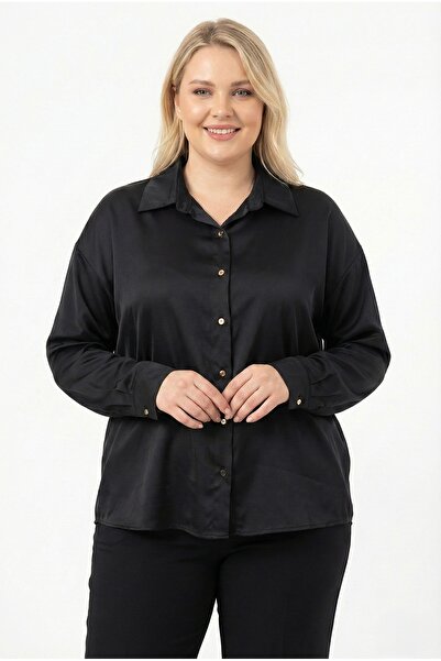 NAR ÇİÇEĞİ GİYİM Büyük Beden Uzun Kollu Düğmeli Saten Gömlek