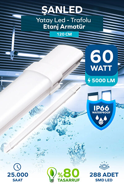 ŞANLED 60W 120 cm Yatay LED Etanj Armatür-Trafolu Beyaz Işık 1 Adet