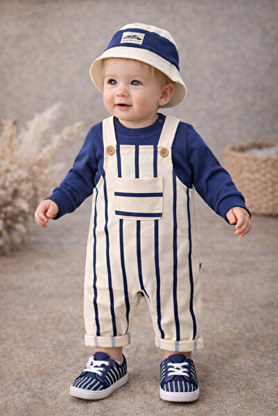 Uğur bebe Şapkalı 3’lü Bebek Takımı Mavi Çizgili Omuzdan Çıtçıtlı Body & Pamu...