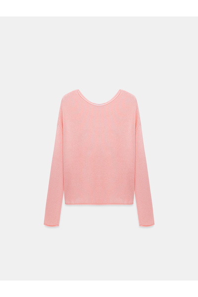 Dilvin 10804 Boat Neck Draped Knitwear Sweater-Light Pink