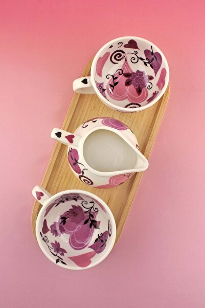 Bursa Porselen Dekor Pink hearts bambu tepsili porselen çay seti
