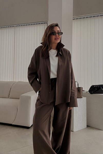 ELVAN TOLON Set cămașă și pantaloni țesuți maro Tril