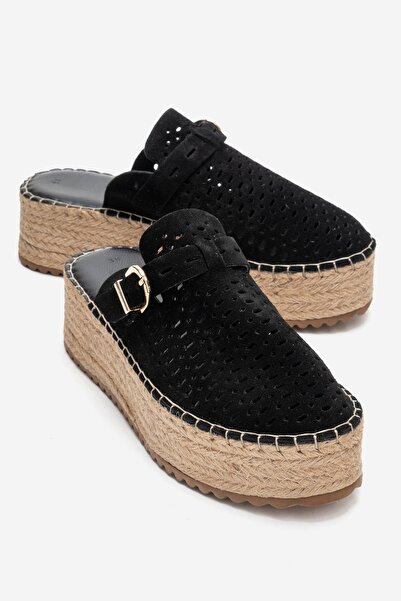 LuviShoes Louis Black Suede Genuine Leather Closed Toe Straw Wedge Sole Slippers