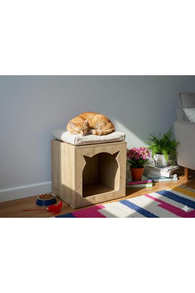 ahşap kedi evi minderli üst yataklı dekoratif kedi evi ve sehpa 50x50x40 cm