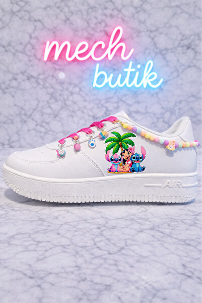 MECH BUTİK Stich Printed Black-White Lace-Up Beaded and Anklet Sports Shoes S...