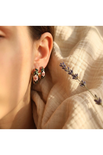 LYKOS Brass Gold Color Black Flower Work Women's Earrings