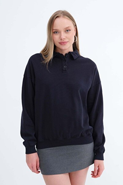 Addax Polo Collar Embroidered Sweatshirt B10596