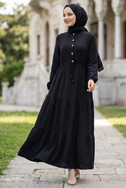 hafsamina Gathered Buttoned Lace-Up Ayrobin Dress Black Hm268811