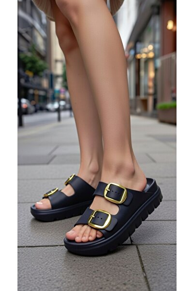 stil shoes Women's Double Buckle Lightweight Comfortable Soft Slippers Gold B...