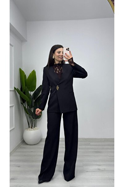 TUNAM BUTİK 1126 Brooch Buttoned Collarless Double Fabric Suit Black