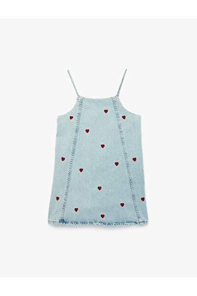 Koton Kare Yaka Kalp Desenli Askılı Denim Jile Elbise