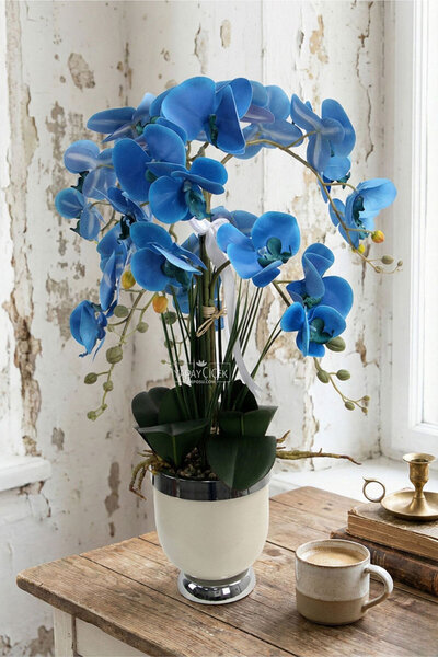 Yapay Çiçek Deposu Metal Beyaz-Gümüş Saksıda Lüx 6lı Orkide 65 cm Mavi