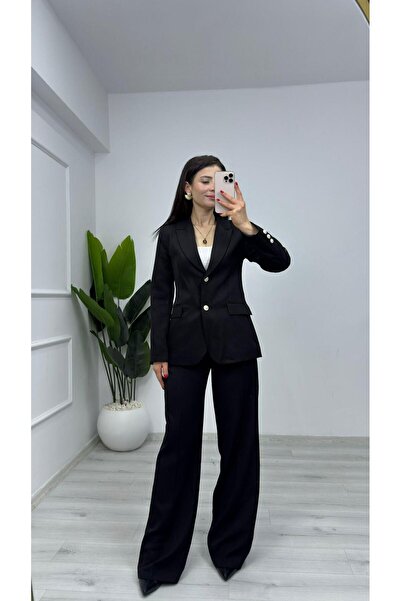 TUNAM BUTİK 1128 Button Detailed Double Fabric Suit Black
