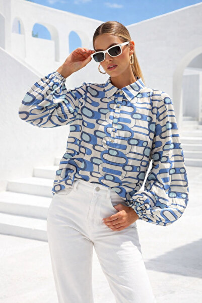 Rich Women's Blue Buttoned Chiffon Long Sleeve Blouse