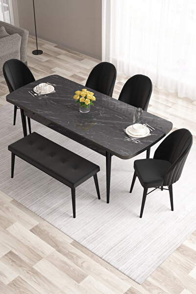 Canisa Roz Serisi 80x132 Mdf Açılabilir Siyah Mermer Desen Masa 4 Siyah Sanda...