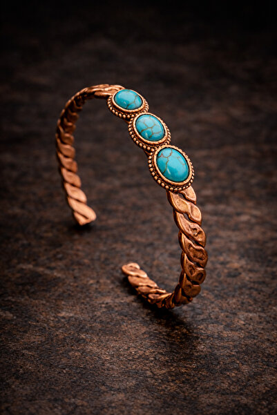İyyaKee Kadın Bakır Bileklik 3 Sıra Doğal Firuze Taşlı Burgu Model Saf Bakır ...