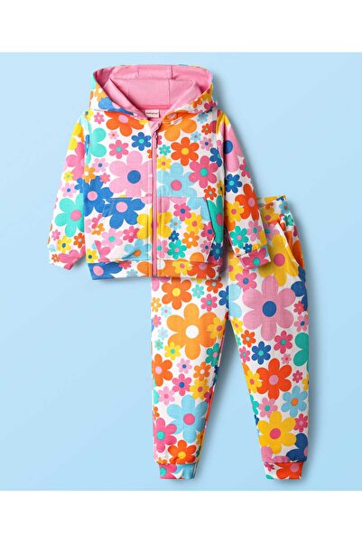 Babyhug Knit Full Sleeve Co-ords Hooded Sweatshirt & Lounge Pants Set Floral ...