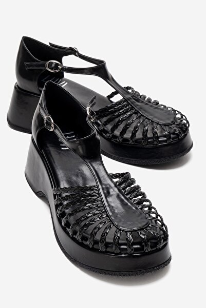 LuviShoes Sandale cu toc pană pentru femei, cu detalii tricotate, negre, BARRY