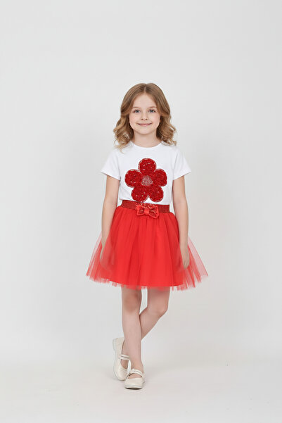 FATELLA Girl's Red Daisy T-Shirt Red Waist Sequin Skirt Set April 23 Show Outfit