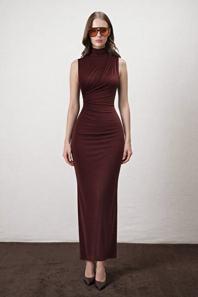 Trend Alaçatı Stili Women's Bitter Brown High Collar Drape Detailed Slit Sand...