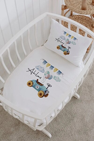 Lilabio İsme Özel %100 Pamuk lastikli Park Yatak Çarşaf Seti (60x120) Bulutta...