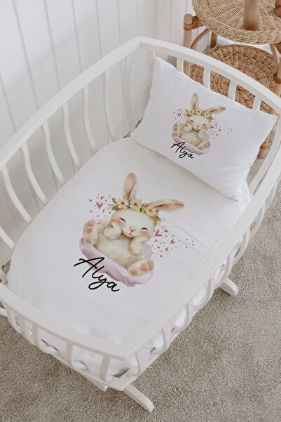 Lilabio İsme Özel %100 Pamuk lastikli Park Yatak Çarşaf Seti (60x120) Bulutta...