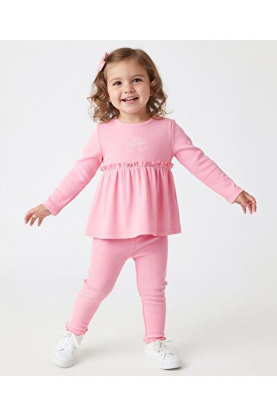 Bonfino Cloud Embroidered T-shirt & Leggings Set with Frill Detailing - Light...