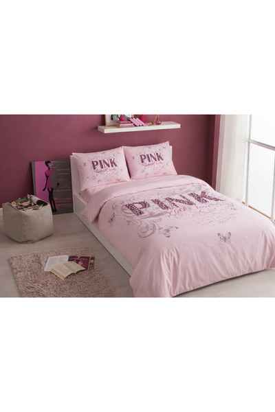 Taç Çift Kişilik Nevresim Takımı Pink Lastikli Çarşaf