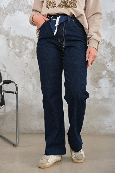 LOCCO Pantaloni de damă cu tiv tăiat și detaliu eșarfă, bleumarin