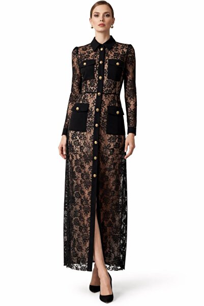 aşkın göksu Siyah Önden Düğmeli Uzun Gömlek Yaka Çepli Dantel Kadın Abiye