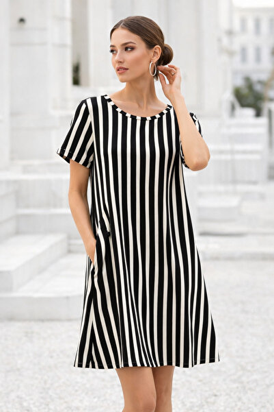 Rich Women's Black and White Striped Short Sleeve Dress