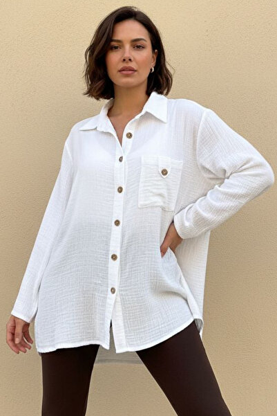 Curly Біла сорочка з одним кишенею з мусліну