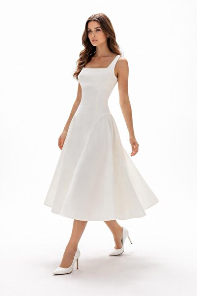 aşkın göksu Ekru Kare Yaka Askılı Yandan Büzgülü Midi Boy Kadın Abiye