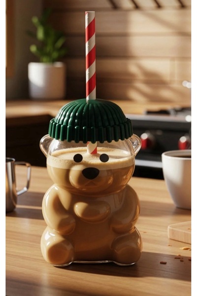 İlay home concept Teddy Bear Cup / Glass Teddy Bear Cup / Straw / Cup / Lid /...