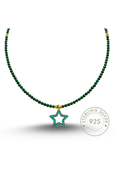 Pietra Kadın 925 Ayar Gümüş Taşlı Yıldız Tasarımlı 2,5 mm Düz Kesim Malahit T...