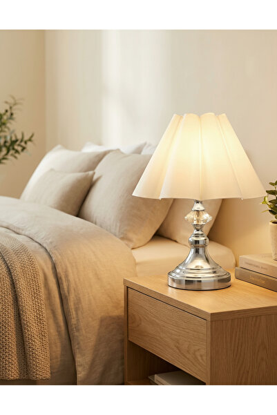 LUMINZO مصباح طاولة فاخر من لوسوني بتصميم عصري فضي مع غطاء مموج