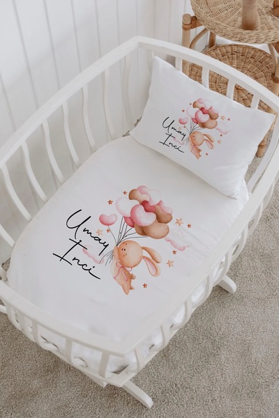 Lilabio İsme Özel %100 Pamuk Lastiksiz Park Yatak Çarşaf Seti (100X120) Balon...
