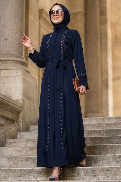 N.S NEVA STYLE Beaded Embroidered Navy Blue Hijab Abaya 26101L