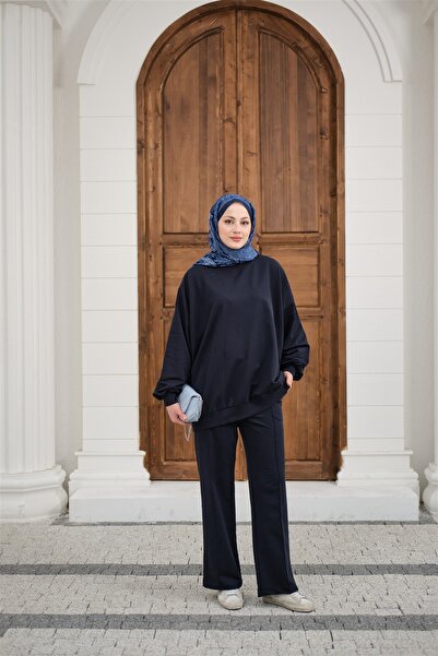 LOCCO Women's Crew Neck Oversize Two-Piece Set Navy Blue