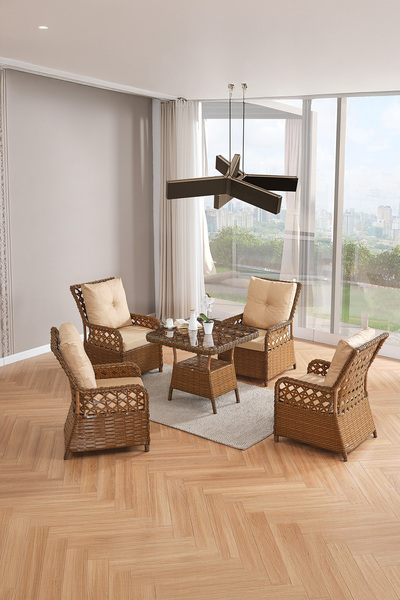 Evdemo Duru 4 Kişilik Rattan Bahçe Balkon Mutfak Masa Takımı Kahve