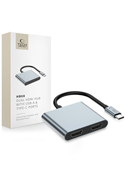 Tech-Protect ADAPTOR HUB HB08 4 ÎN 1 TYPE-C + USB 2.0 + 2 x HDMI 4K 60HZ GRI ...