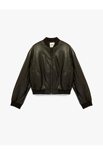 Koton Uzun Kollu Kolej Yaka Cepli Crop Suni Deri Ceket