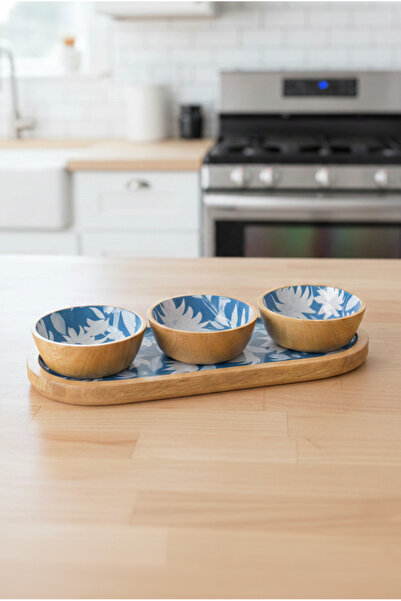 FH finehome Olly Mango Wood 3-Bowl Set with Stand 30cm