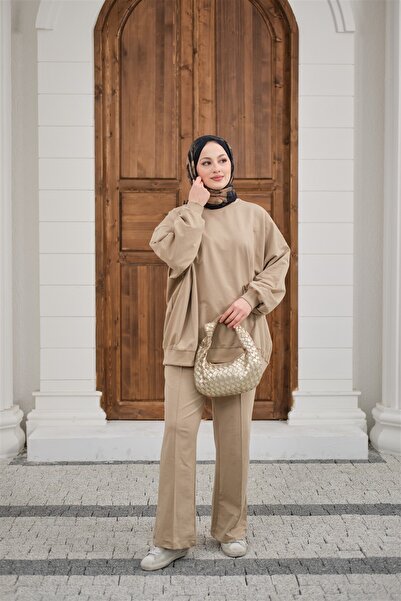 LOCCO Women's Crew Neck Oversize Two-Piece Set Mink