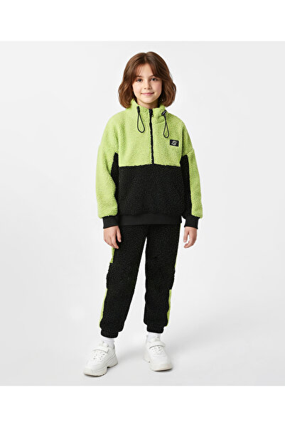 Ollington St. طقم سويت شيرت بأكمام طويلة وبنطال رياضي محبوك - أخضر ليموني وأسود