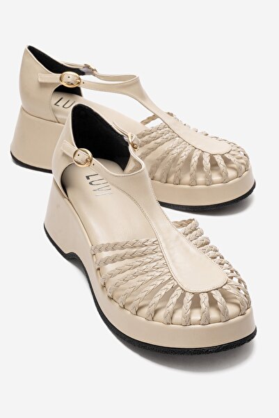 LuviShoes Sandale cu toc pană pentru femei, cu detalii tricotate, bej, BARRY